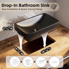 19"W x 12"D Matte Black Rectangular Drop In Bathroom Sink, Semi-Recessed Ceramic Vessel Sink with Pop-Up Drain, Modern Sink Bowl for Bathroom Vanity