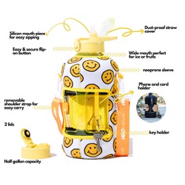 H2O Capsule 2.2L Half Gallon Water Bottle with Storage Sleeve and Covered Straw Lid – BPA Free Large Reusable Drink Container with Handle - Big Sports Jug, 2.2 Liter (74 Ounce) Happy Day