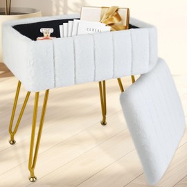 Tavovostar Vanity Stool with Storage, Faux Fur Makeup Stool with Metal Legs, Multifunctional Furry Footrest Ottoman Chair for Living Room Bedroom,White