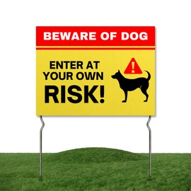 Beware of Dog – Enter at Your Owwn Risk! Yard Sign by DC | 24"x18" Double Sided Security Garden Sign with 13” Metal Stakes | Waterproof Signs for Lawn, Patio, Sidewalk & House | Set of 5 | Made in USA