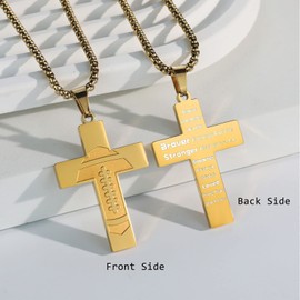 HattiDoris Football Cross Necklace for Boys Inspirational Bible Verse Cross Pendant Stainless Steel Chain 22+2 inch Football Sports Jewelry Football Gift for Men Women(G-Brave Strong)