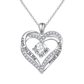 DAOCHONG 925 Sterling Silver Jewellery Cubic Zirconia I Love You to the Moon and Back Love Heart Pendant Necklace for Women Wife Girlfriend, Sterling Silver, Cubic Zirconia