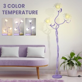 Vintage 3 Heads Flower Floor Lamp for Living Room,3 Color Modes LED Modern Corner Standing Lamp with Goosenecks, Bright Tall Cute Dimmable Lamp for Kids Reading Girls' Bedroom Office Home Decor Purple