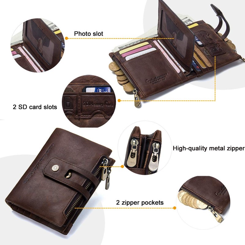 Mens Wallet Leather -Mens Genuine Leather RFID Blocking Trifold Double