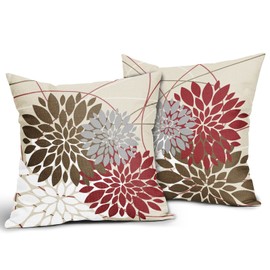 Brown Red Throw Pillow Covers 20x20 Dahlia Flower White Gray Elegant Colored Decorative Pillows Farmhouse Outdoor Decor for Home Living Room Sofa Bed Modern Floral Linen Square Cushion Case, Set of 2