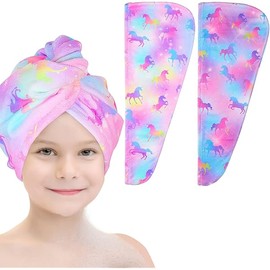Basumee Microfiber Hair Towel Wrap for Kids 2 Pack Rapid Drying Hair Towel with Button Hair Turbans for Wet Hair Wraps Head Towel Wrap for Women and Girls, Colorful Unicorn