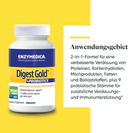 Enzymedica - Digest Gold + Probiotic Bacteria, Fast Acting Enzyme Formula, Reduces Gases and Bloating, Improves Nutrient Absorption and Energy, Gluten Free, Dairy Free, 90 Capsules