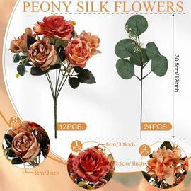 Nagobi Peony Artificial Flowers, Fall Faux Peonies Hydrangea Eucalyptus Bouquet 12 Packs Silk Vintage Realistic Peony Floral Arrangement for Wedding Centerpiece Table Vase Autumn Home Decor-Orange