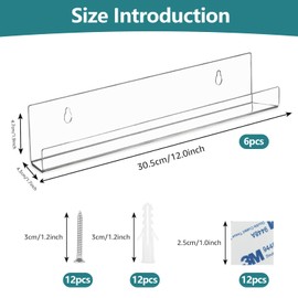 HUSOUE 6 PCS Vinyl Wall Mount, Floating Shelves Vinyl Wall Mount Clear Acrylic Shelves Wall Mounted Display Shelf 12 Inch for Wall Decor Magazine Rack Picture Ledge