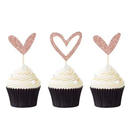 24 PCS Rose Gold Glitter Heart Cupcake Toppers Sweet Love Theme Cupcake Picks Valentine's Day Cupcake Decorations for Wedding Engagement Bridal Shower Birthday