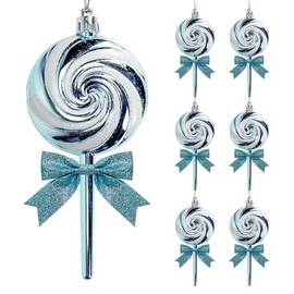 Pack of 6 Candy Christmas Decoration,Shiny & Glitter Lollipop Hanging Ornaments with Glitter Bows for Christmas Tree Wreaths Holiday Decoration (Ice Blue)