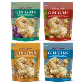 GIN GINS Ginger Chews – Natural Fresh Ginger Candy by The Ginger People – Individually Wrapped Healthy Candy – Original, Apple, Peanut and Turmeric Flavors – Variety Pack – 4 x 3oz bag each flavor (Pack of 4 bags)