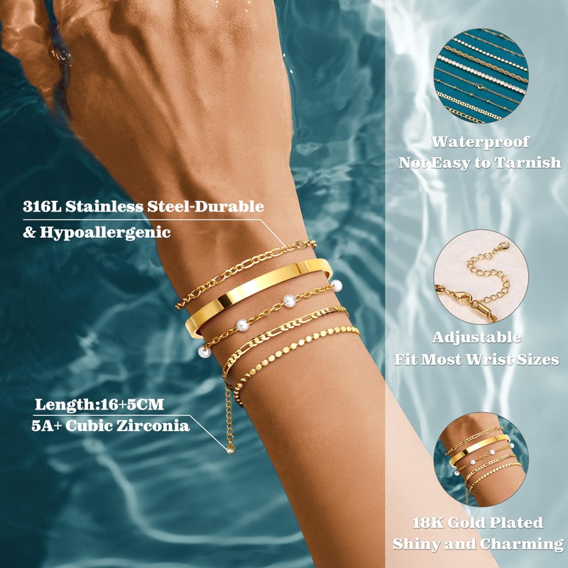 JeweBella 3-7PCS 18K Gold Bracelet for Women Chain Cuff Stacking