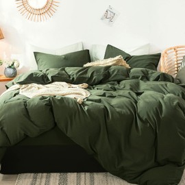 MooMee Bedding Duvet Cover Set 100% Washed Cotton Linen Like Textured Breathable Durable Soft Comfy (Solid Olive Green, Super Queen 90"x98")