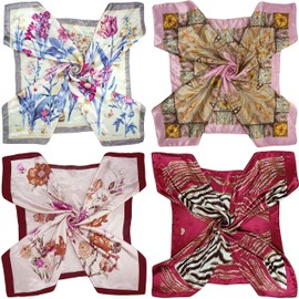 4 Pc Set Large 35 x 35 inches Satin Square Scarves Neck Hair Head Scarf Bundle, Set Y12, One Size