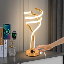 ElDISUNY Modern LED Table Lamp, 3 Color Temperatures,Touch Control CurveDimmable Bedside Table Lamps with USB Ports, Touch Control LED NightstandLamp, Desk Lamp for Living Room, Bedroom (Gold)
