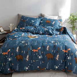 CLOTHKNOW Full Blue Bear Comforter Set 3Pcs Navy Bear Bedding Comforter Sets Woodland Rustic Animal Fox Rabbit Bed Comforter Sets Kids Full Size Comforter Sets