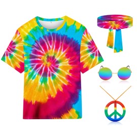 kooirsp Hippie Costume for Men Women 4PCS Mens 60s 70s Outfit Set Colorful Hippie Shirt Sunglasses Headband Peace Necklace (Swirl Tie Dye, X-Large)