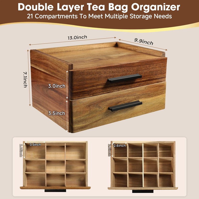 Acacia Wood Tea Bag Organizer with Gift Box, Double-Drawer Tea