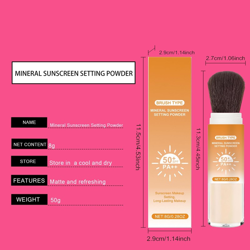 Mineral Sunscreen Setting Powder, SPF 50 Transparent Brush Powder, Long-Lasting,Lightweight