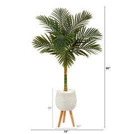 Nearly Natural 5ft. Golden Cane Artificial Palm Tree in White Planter with Stand