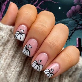 Thanksgiving Press on Nails Fall Short Square Fake Nails with Designs Nude Pumpkin Glue on Nails 24 Pcs Reusable Stick on Nail for Women WYFHDT