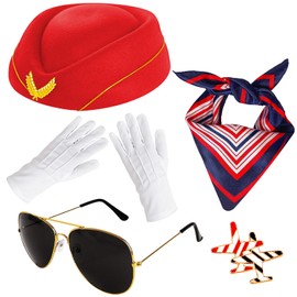 6 Pcs Flight Attendant Costume Accessories Women Airline Stewardess Outfits Flight Attendant Hat Pin Sunglasses Scarf Gloves (Red)