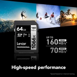 Lexar 64GB Professional 1066x SD Card, UHS-I, C10, U3, V30, Full HD, 4K, Up To 160MB/s Read SDXC Memory Card, for DSLR & Mirrorless Cameras (LSD1066064G-BNNNU)
