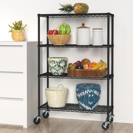 Folews 4-Tier Storage Shelving Unit with Wheels, Metal Rolling Storage Shelves Adjustable Layer Steel Rack Shelf, Wire Shelving Storage for Kitchen Garage Pantry Office, Black (14D x 36W x 57H)