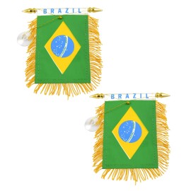 2 Pcs Mini Flag Banner "Brazil" 4"x6" Rearview Mirror flag Suction Cup Hanger