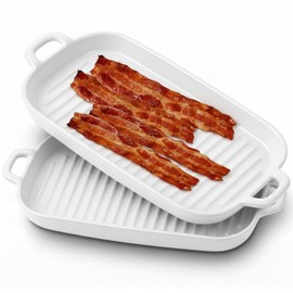 2 Pack Microwave Bacon Tray Ceramic Cooker with Drip Rack, Oven Dishwasher Safe, Breakfast Kitchen Tool for 4-6 Slices(White)