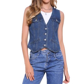 Allegra K Denim Vest for Women's Button Down V Neck Waistcoat Sleeveless Jean Jacket X-Large Dark Blue