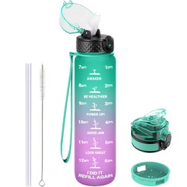 GOPPUS Sports Water Bottle 1L, Tritan Water Bottle with Straw, Motivational Time Markers, Fruit Filter, 2 Different Lids (Straw Lid, Chug Lid), Leak Proof Water Bottle for Teenagers, Adults, Outdoor, Office