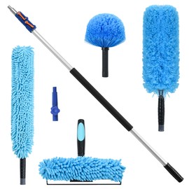 SHINMING High Reach Cleaning Kit with 12FT Telescoping Pole - Ceiling Fan & Microfiber Feather Dusters, Cobweb Brush, Window Squeegee & Washer