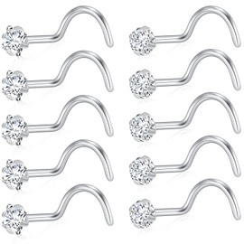 20G Nose Rings Studs for Women 10pcs Corkscrew Sliver Nose Studs Hypoallergenic Nose Rings 316L Surgical Stainless Steel Nose Nostril Percing Jewely for Women Men Round Square CZ Imitation Diamond1.5mm/2.0mm/2.5mm/3.0mm (20G-corkscrew-sliver-2.5mm)