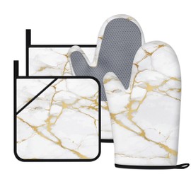 Oven Mitts and Pot Holders Sets White Gold Marble Kitchen Accessories of 4 Heat Resistant Oven Gloves Hot Pads with Non-Slip Silicone Surface for Chef Cooking Baking