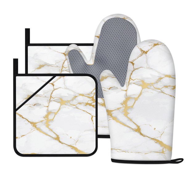 Oven Mitts and Pot Holders Sets White Gold Marble Kitchen