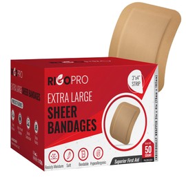 RIGO PRO - 50 Pack 3”x4” Extra Large Band Aids, Latex-Free Adhesive Bandages, Large Bandages for Wounds on Elbows, Knees, and More, Moisture-Wicking Wound Dressings