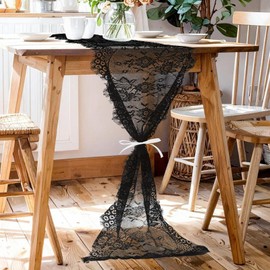 XLIUAX Black Lace Table Runner, 14x118 Inch Vintage Lace Table Cloth, Embroidered Boho Tables Runner for Rustic Wedding Tables Decorations, Bridal Shower, Baby Shower Party(Black)