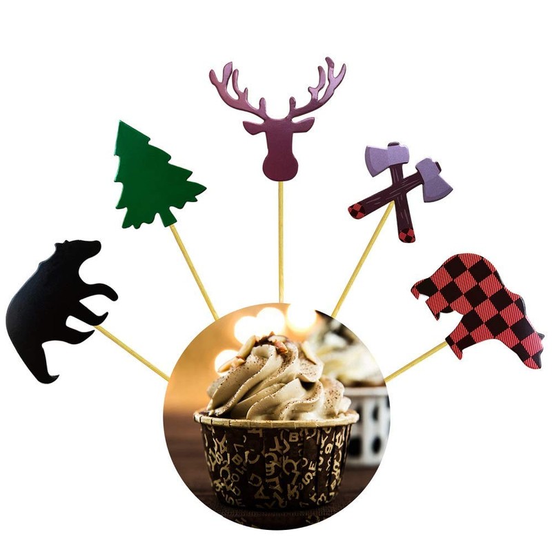 ALISSAR 30-Pack Lumberjack Cupcake Toppers, Buffalo Plaid Baby Bear Tree