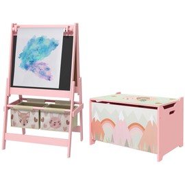 Qaba Toy Box with Lid and Kids Easel with Paper Roll, Blackboard, Whiteboard, Cute Fox Design Kids Activity Furniture Set for Ages 3-8 Years, Pink