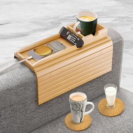 Bamboo Couch Cup Holder Tray with 2 Cork Coasters, Caddy, Anti-Slip Foldable Armrest Sofa Tray, Anti-Spill Holder for Remote, Snacks, Cellphone - Ideal Gift
