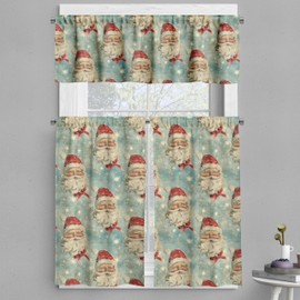 Ambesonne Vintage Christmas Valance and Curtain 3 pcs Set, Holiday Cheery Retro Santa Claus with Nostalgic Weathered Effect, Window Treatments for Kitchen Room Decor, 55" x 36", Dark Pink Pale Blue