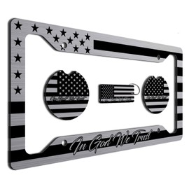 American Flag in God We Trust License Plate Frame + Coasters + Keychain - Perfect for God and Country Lovers - Tactical Patriot Brush License Plate Frame Made in USA