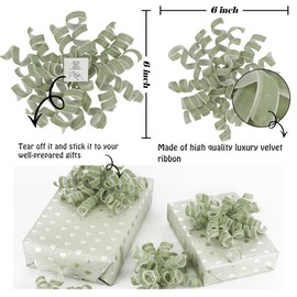 HUIHUANG Sage Green Bows for Gift Wrapping Self Adhesive Sage Velvet Christmas Gift Bows Burst Curly Ribbon Bows for Presents, Gift Wrapping, Treat Bags, Party Favor, Crafts-6 inch x 6 Counts