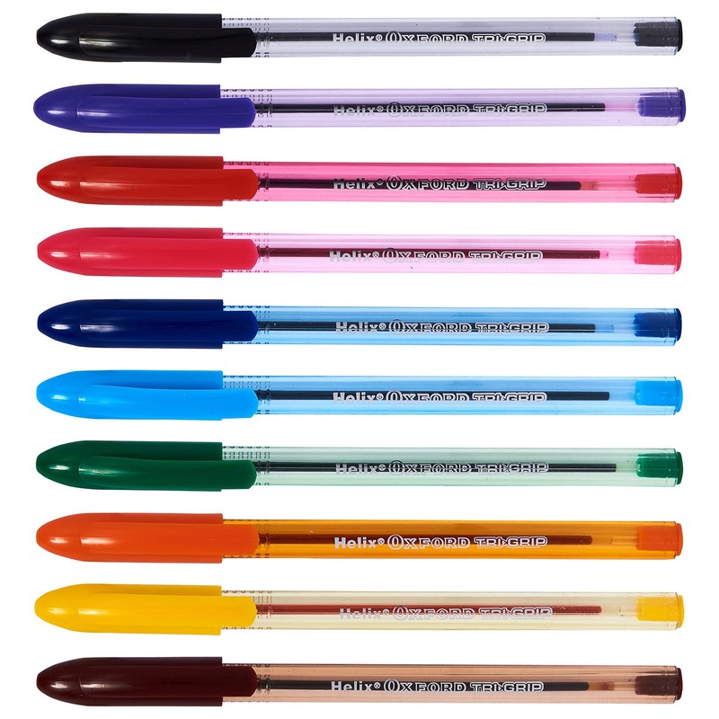 Helix Oxford Tri-Grip Ballpoint Pens (x10 Pack Assorted Colours) with