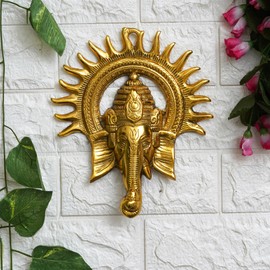 eCraftIndia Golden Lord Ganesha with Sun Decorative Metal Wall Hanging Art Decorative Showpiece for Wall Decor, Festival Home Decor Pooja Room Temple & Gift for Family, Friends, Housewarming
