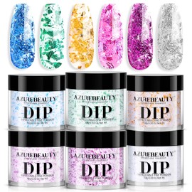 AZUREBEAUTY Dip Powder Nail Set, Blue Green Yellow Silver Light Dark Pink with Sparkle Aluminum Foil, 6 Colors All Seasons Dipping Powder Starter Kit Nail Art Manicure Salon, No Need Nail Lamp Cured
