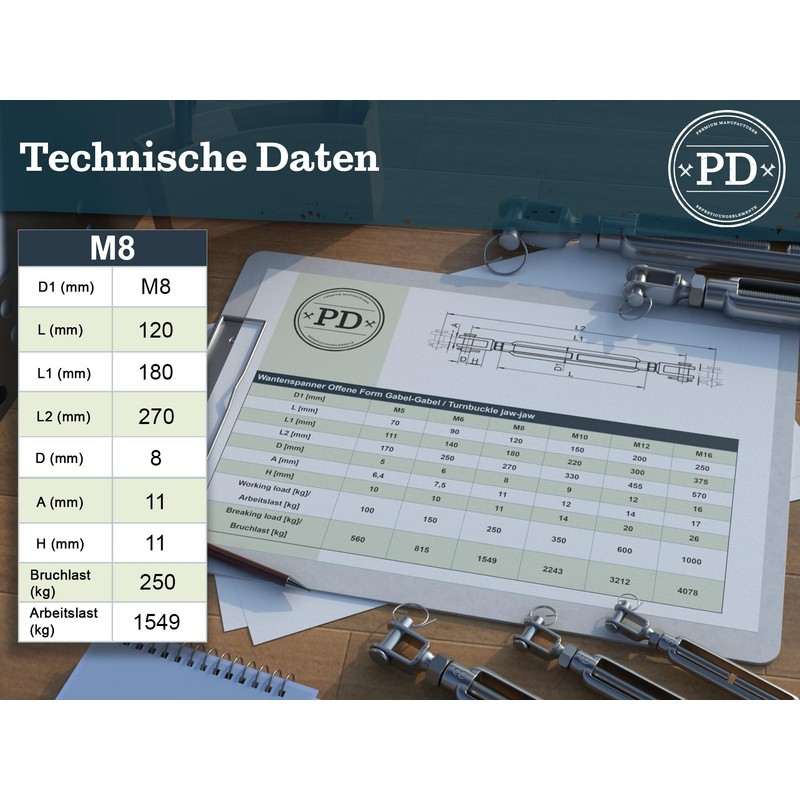 PD® Turnbuckle M8 Stainless Steel A4 (Fork Fork) | Turnbuckle
