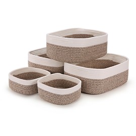 VIRETH HAUS 5-Pack Large Woven Rope Storage Baskets – 2 Sizes Organizer Bins for Closet, Shelf, Bookshelf, Nursery, Changing Table, Fabric Cube Boxes, Rectangular Shallow Bins for Bathroom, Toy & Home